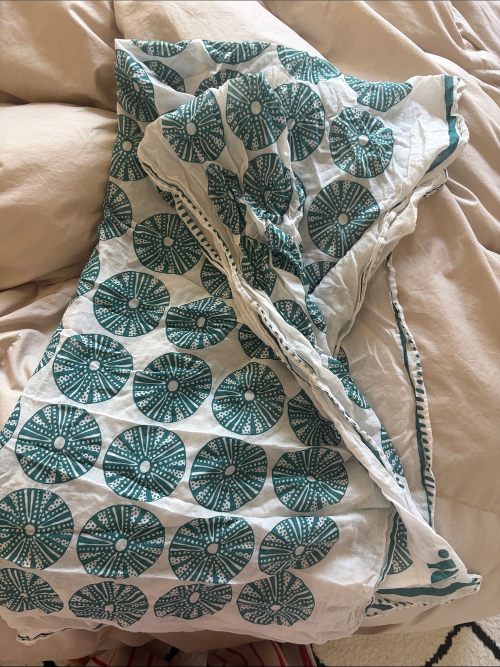 Anthropologie White and Teal Circular Print Scarf Wrap